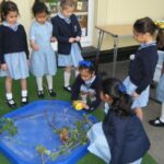 Students in a water pond